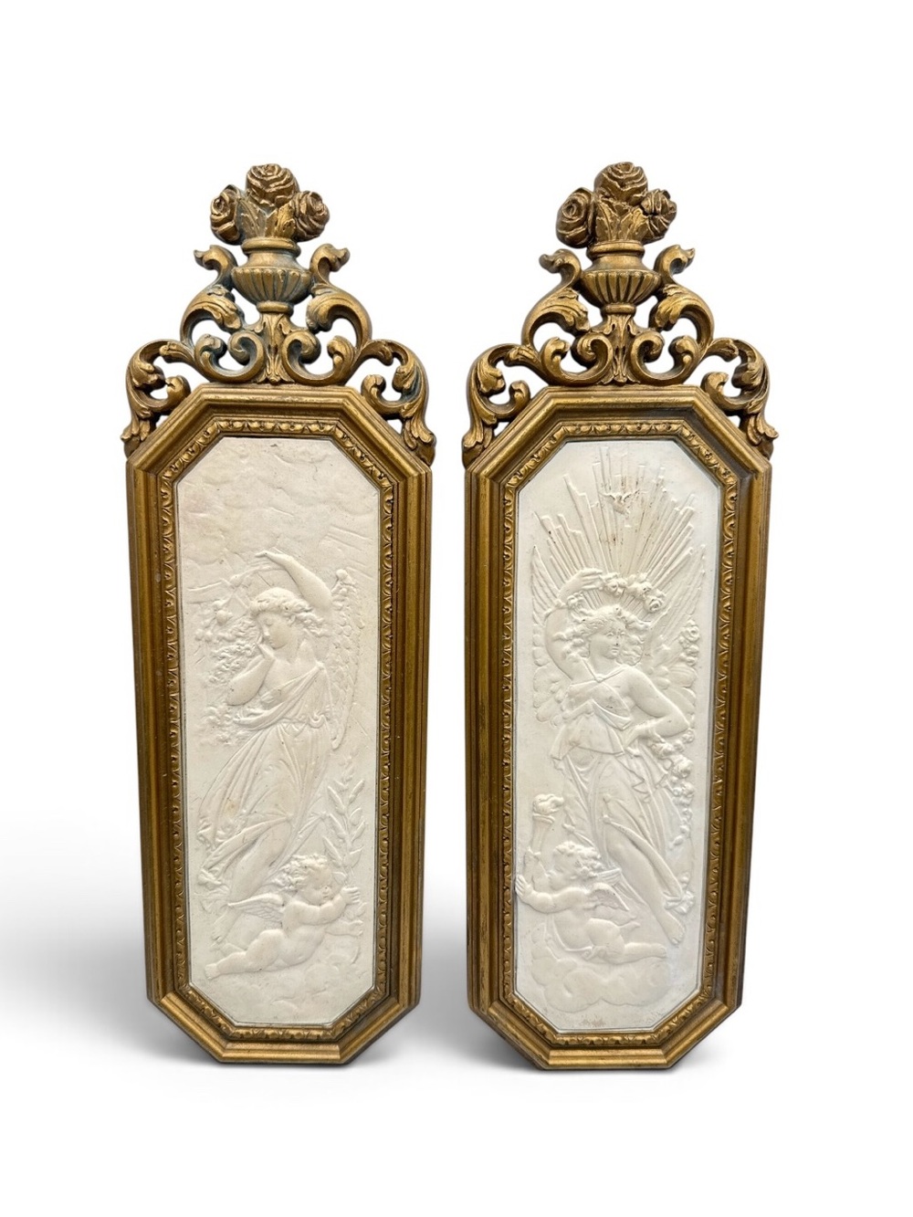 Vintage 1968 Dart Greek Goddess Cherub Wall Plaques Hollywood Regency Pair
